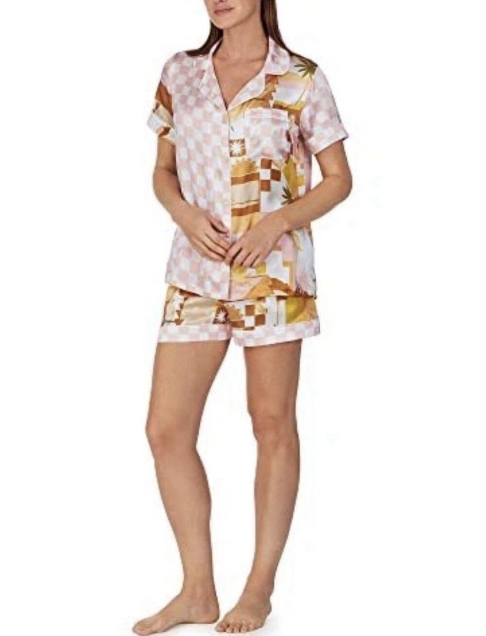 BedHead Women's Sz Large- Classic Shorty Woven Silk Print PJ Set - Havana -EUC